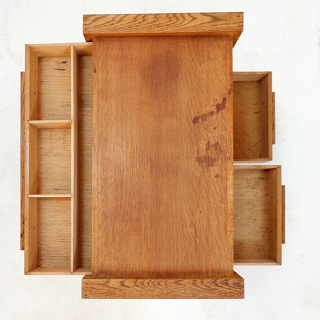 1960s wooden sewing cabinet with double-sided drawers