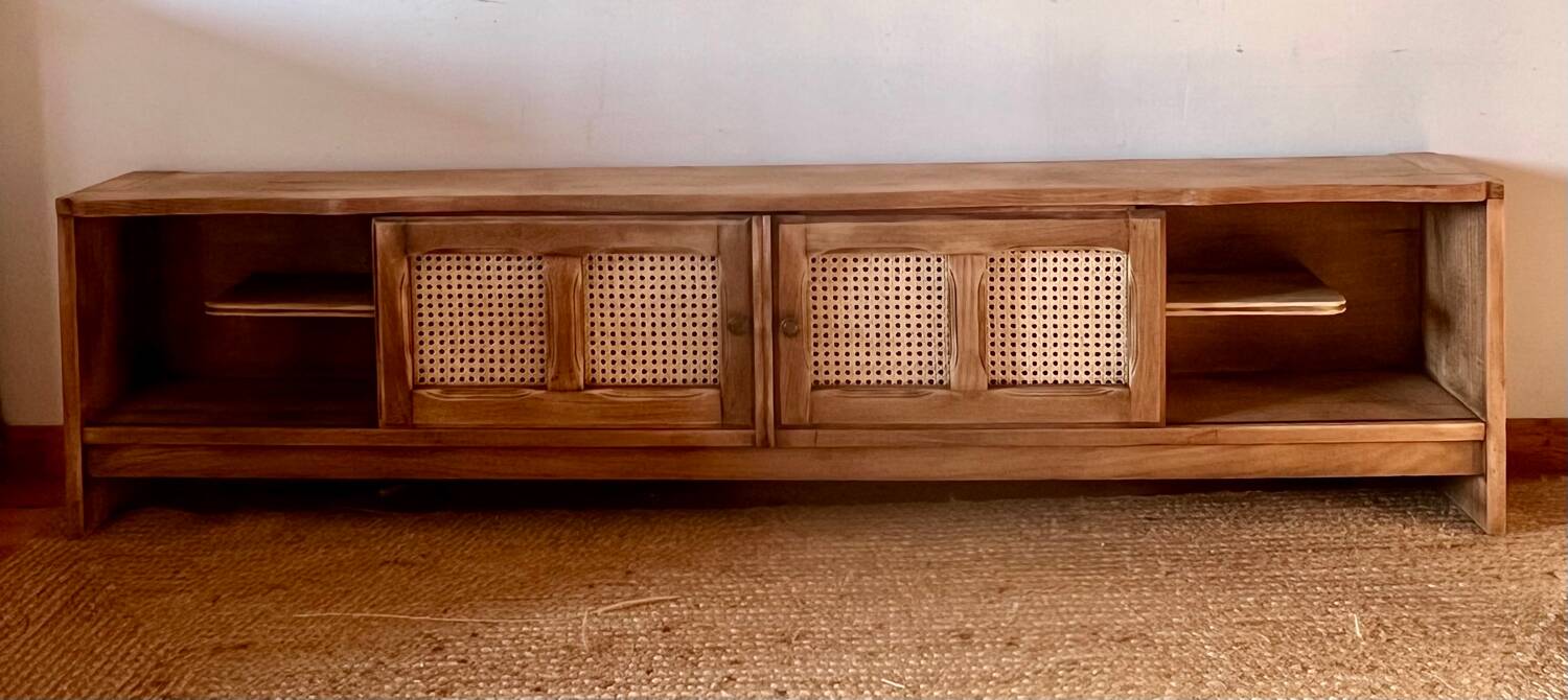 TV sideboard in raw solid oak and caning