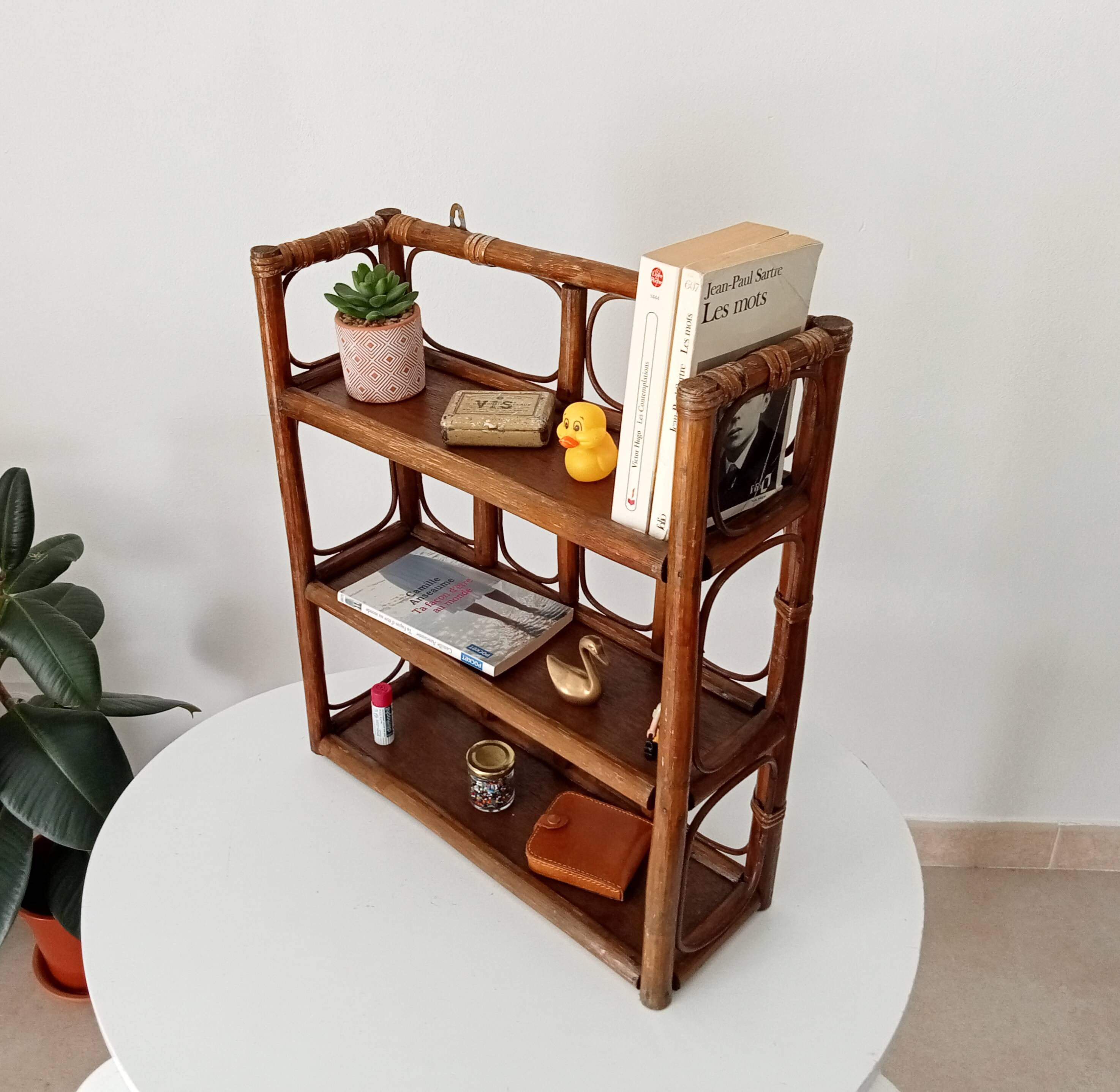 Vintage bamboo and rattan wall shelf