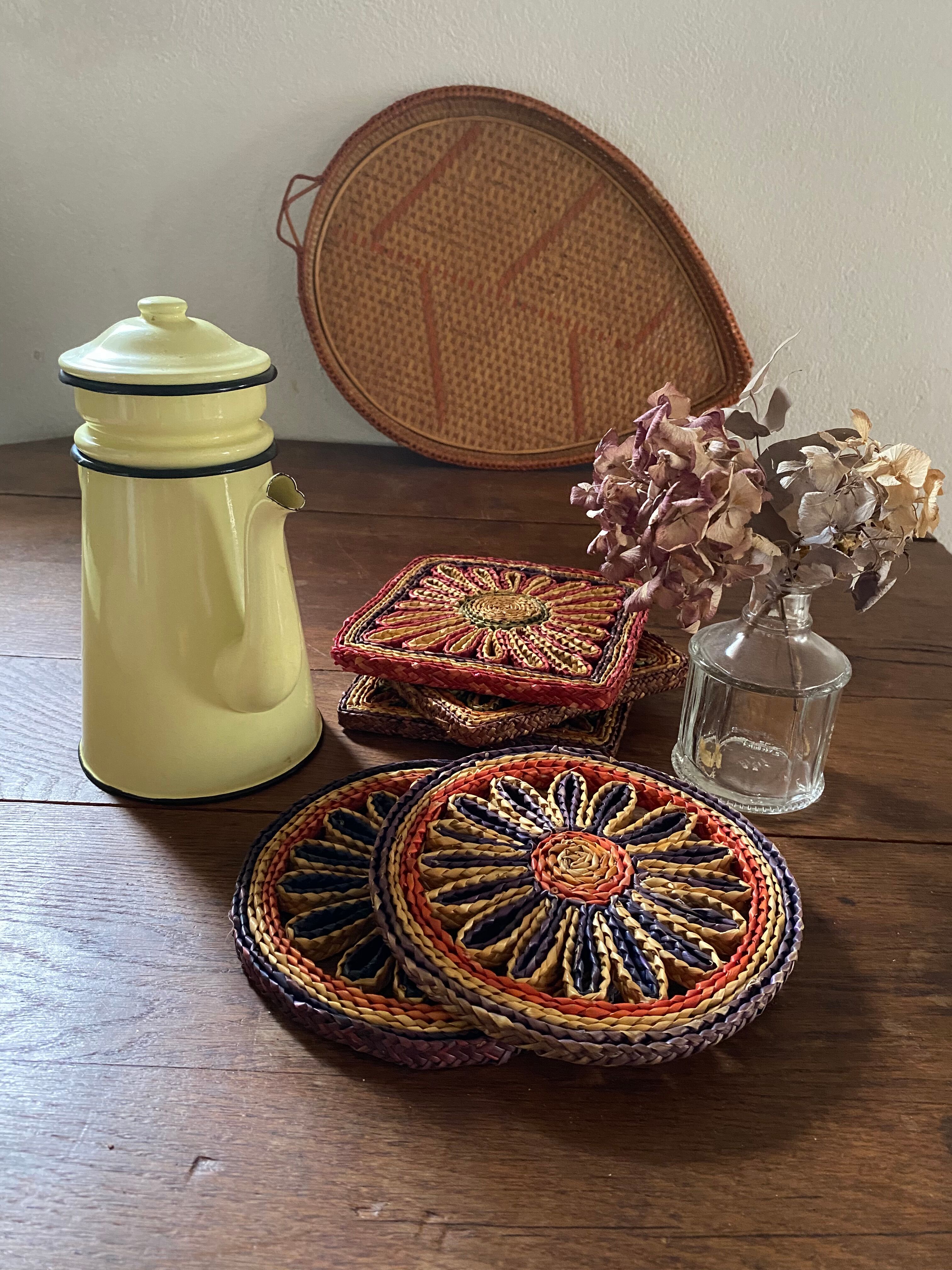 5 braided straw coasters bohemian style