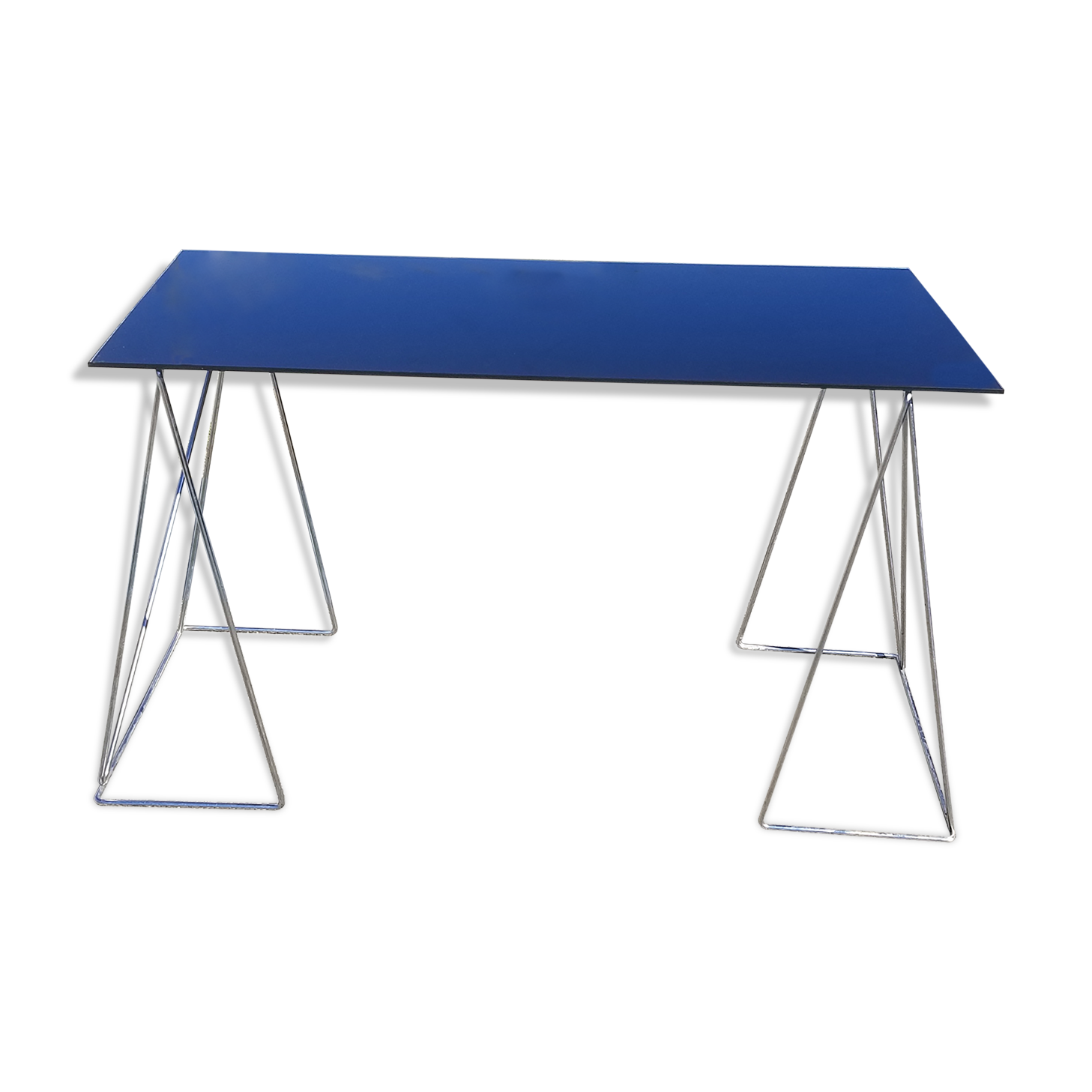 Vintage steel wire desk with chrome trestles and smoked glass top
