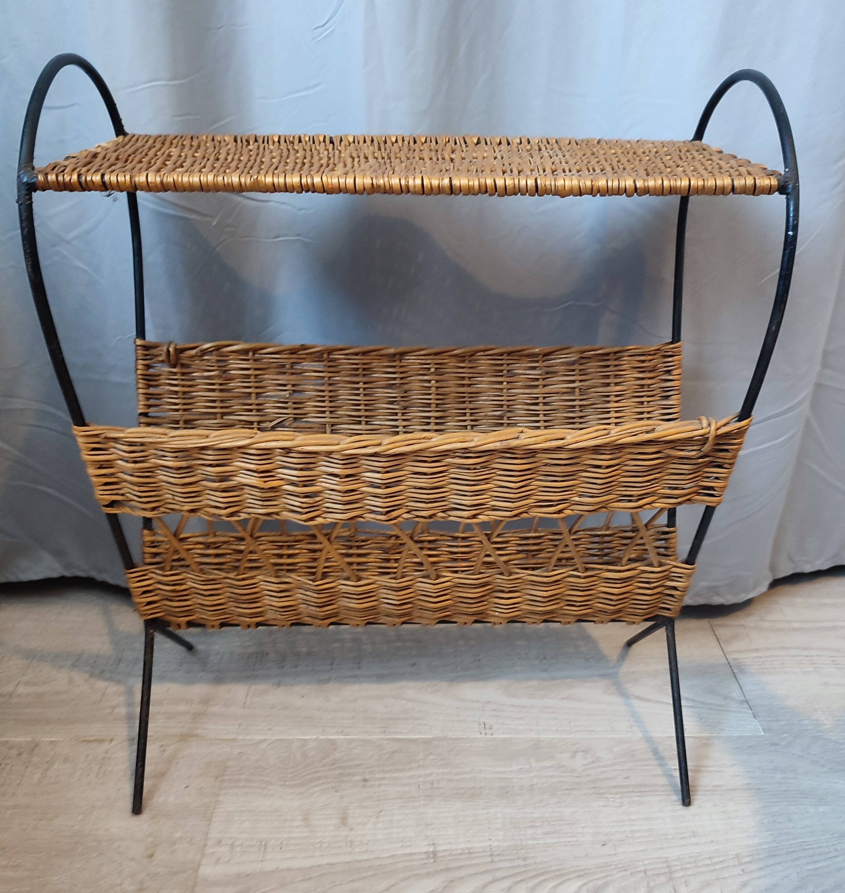 Antique magazine rack made of iron and woven rattan wicker