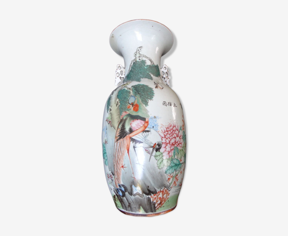 Vase Chinois oiseau grue porcelaine 43cm marque XIX