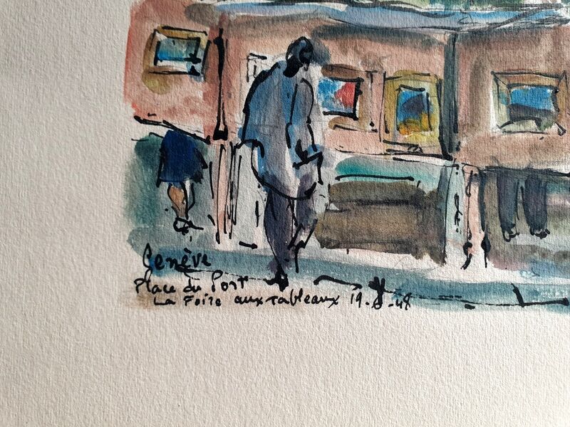 Aquarelle sur vélin d'Arches Genève, place du Port, La foire aux tableaux, André Duculty