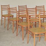 Set of 10 Bystrice tone wooden and caned chairs from the 1960s.