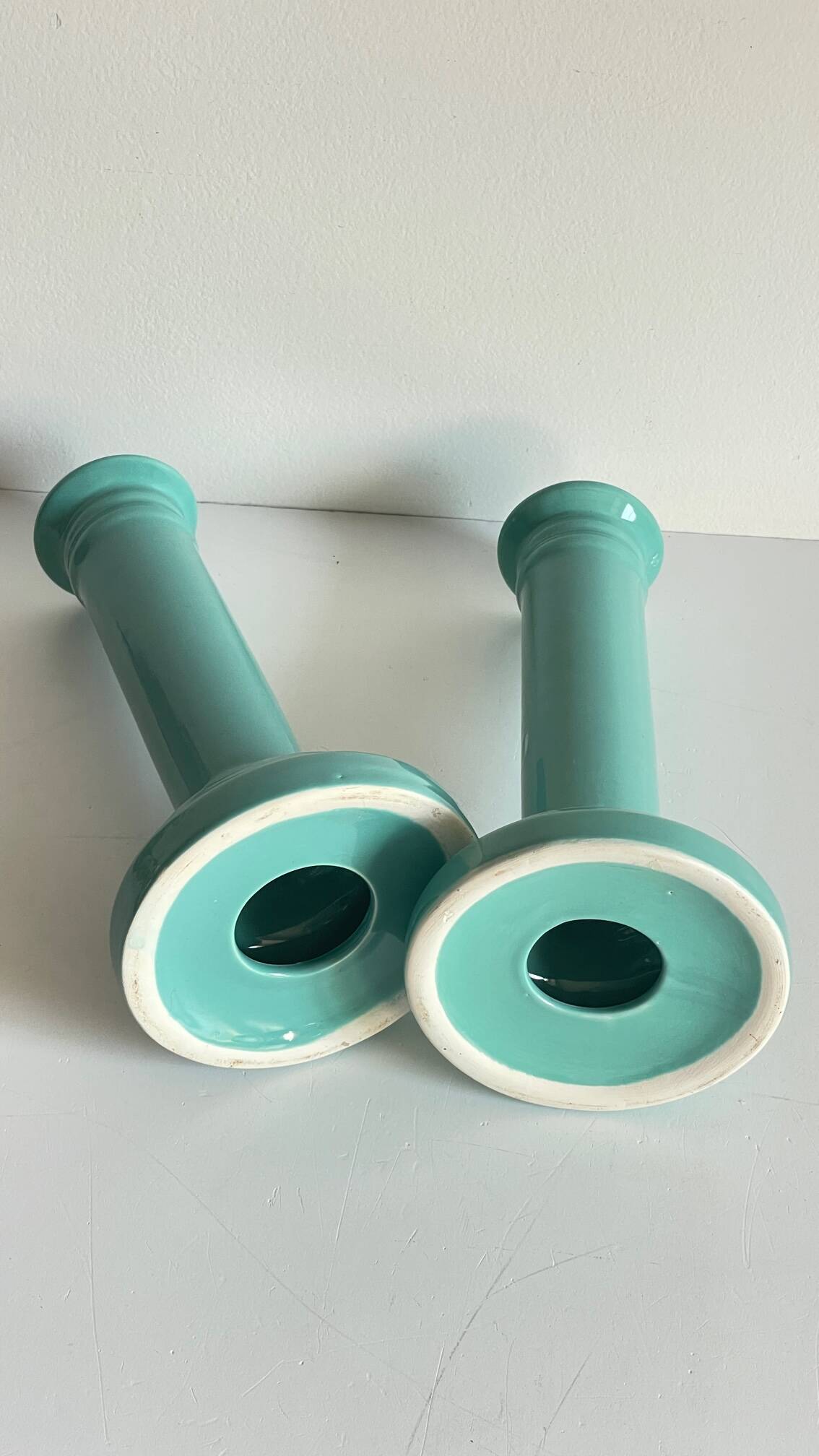Pair of vintage ocean blue ceramic candlesticks