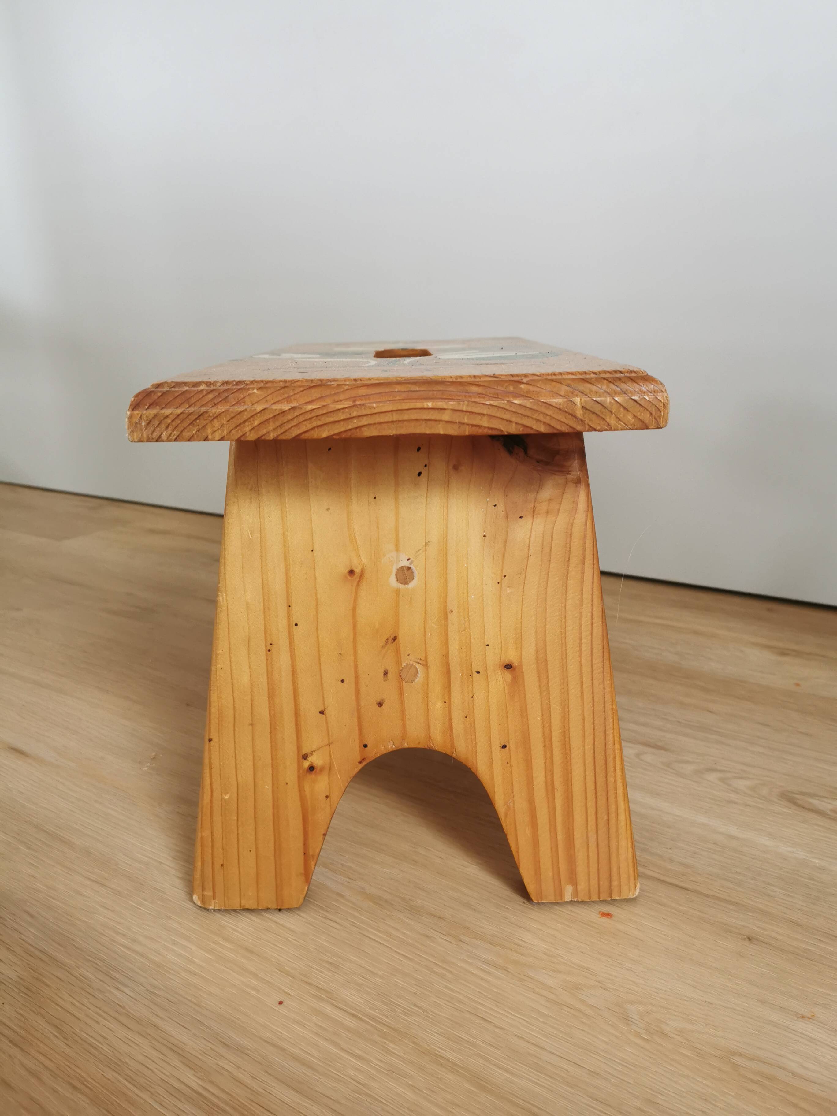 Vintage Hand-Painted Wooden Footstool: Yugoslavian Folk Art Decor