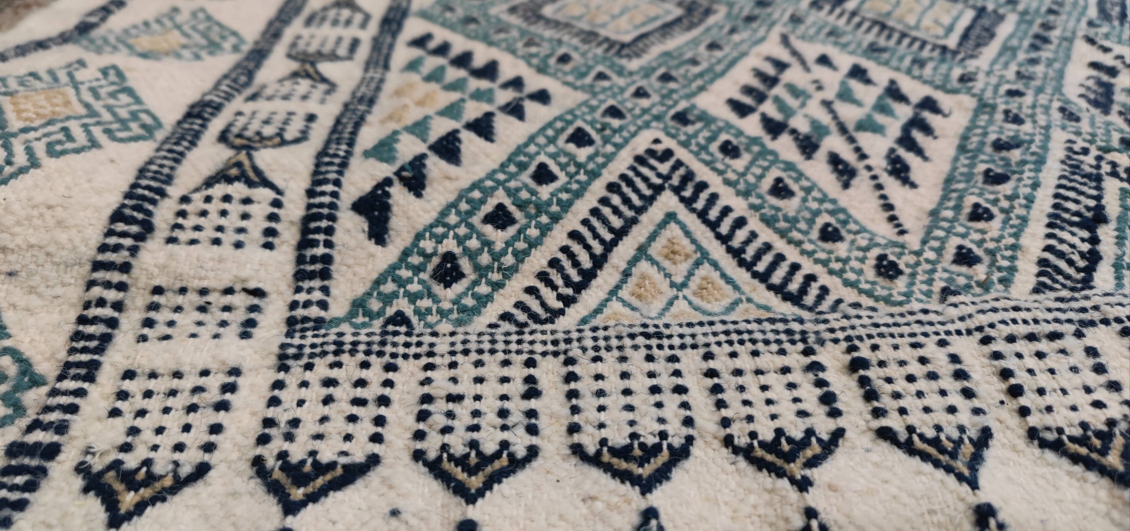 Handmade white blue and beige margoum rug