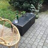 Old chest or wooden trunk black patina