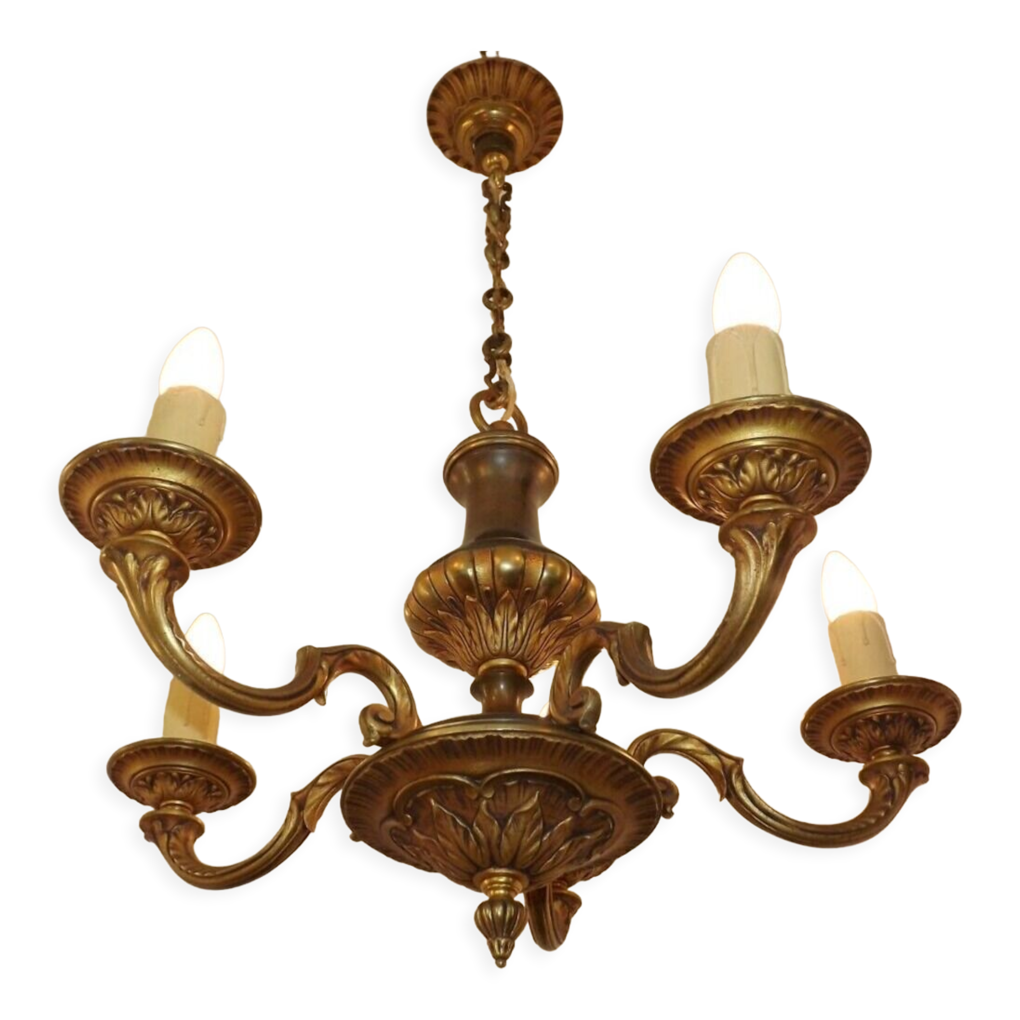 French Vintage Heavy Bronze/Brass 5 Light Empire Style Chandelier 3990