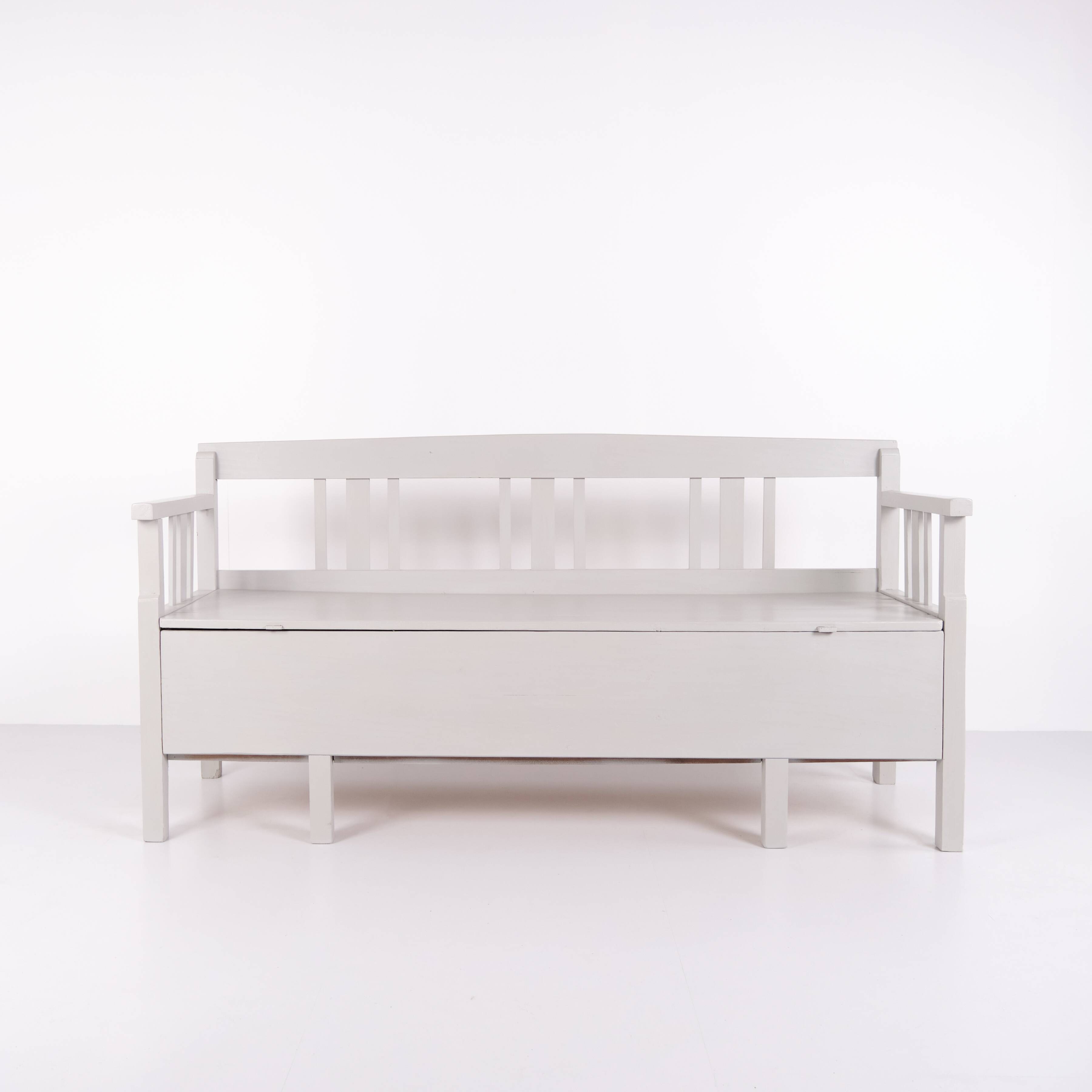 Antique storage bench – grey painted – pine wood – 1860s