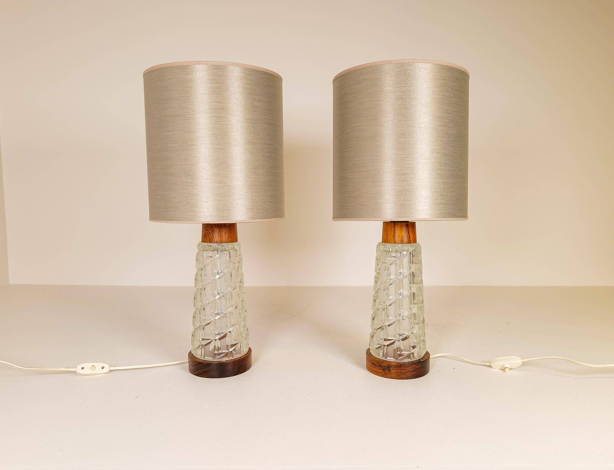 Midcentury table lamps Orrefors teak and glass Sweden