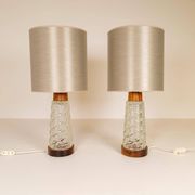 Midcentury table lamps Orrefors teak and glass Sweden