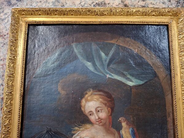 Huile sur toile du début du XVIIIᵉ siècle – Jeune femme au perroquet