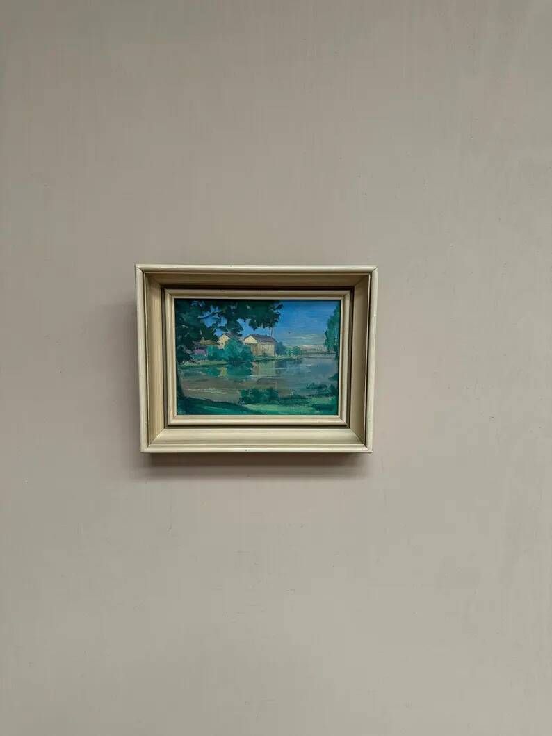 Original Oil on Canvas – “House near The Lake” by Fern I. Coppedge – Signed – Vintage & Framed – 30 × 24 cm (11.8" × 9.4")
