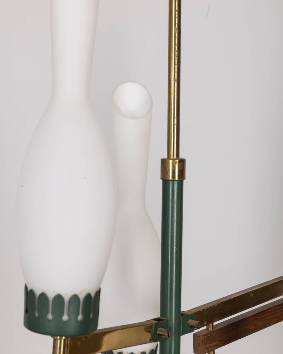 Vintage 50's chandelier in brass, green metal and glass italian design