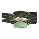 Rattan and Green Linen Flower Pendant Light and Vintage Clichy Glass Globe