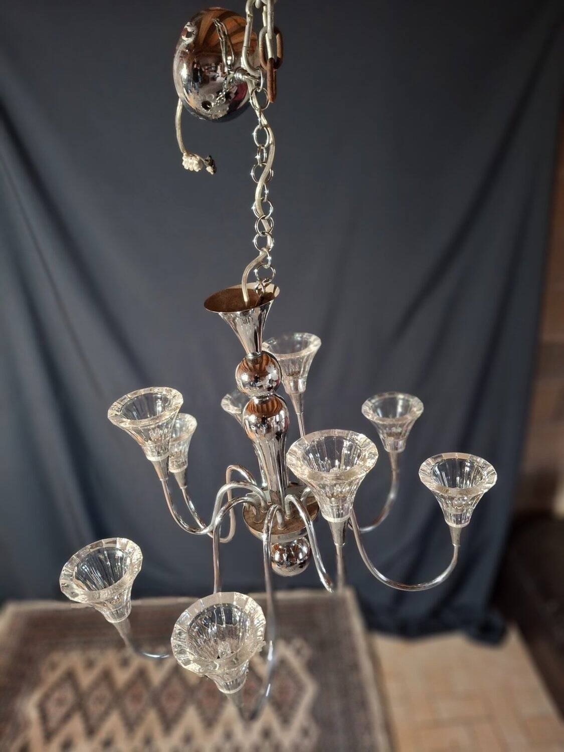 Chandelier from the 1930s to 1950s in chrome metal and thick glass.