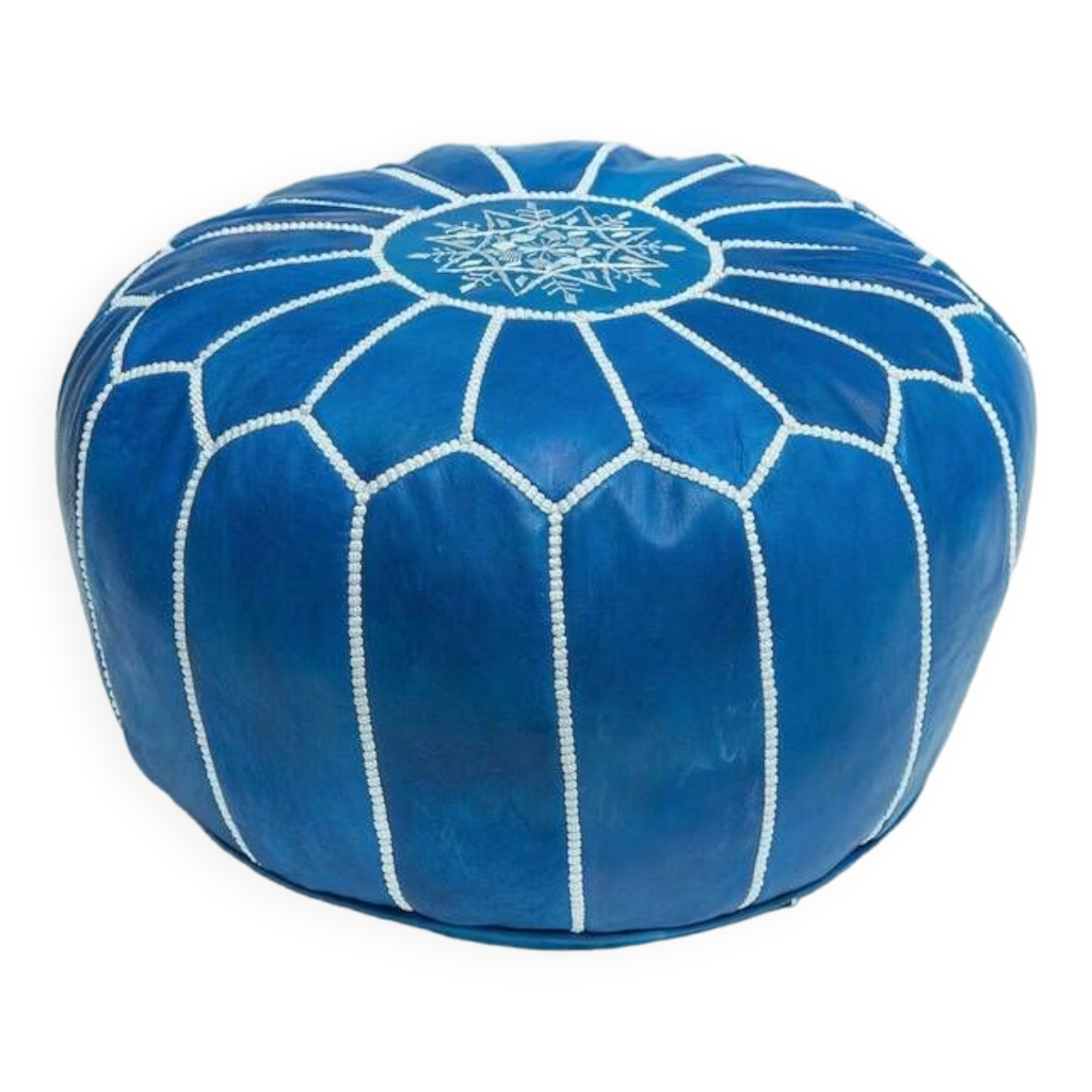 Pouffe Marocaine En Cuir Véritable – Repose-pieds Rond – Artisanat Du Maroc – Argenté