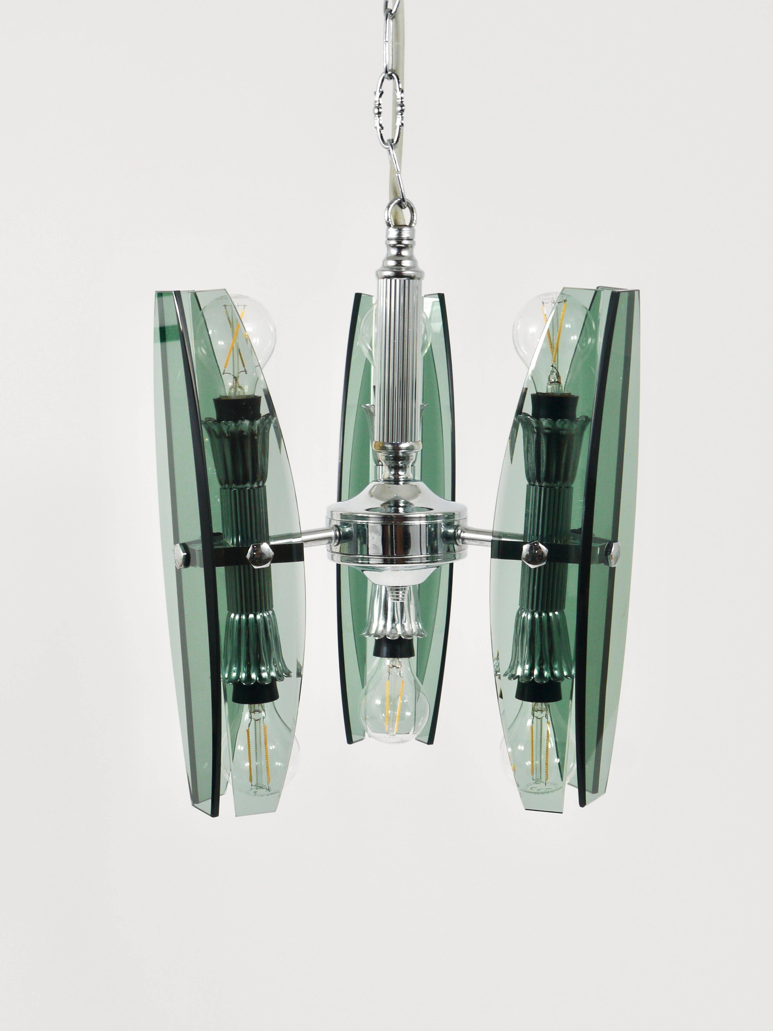 Glass and chrome suspension light in Fontana Arte style by Veca Murano, Italy.