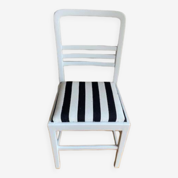 Vintage - Revamped solid wood chair - Seat redone with white and black striped cotton fabric