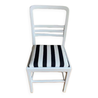 Vintage - Revamped solid wood chair - Seat redone with white and black striped cotton fabric