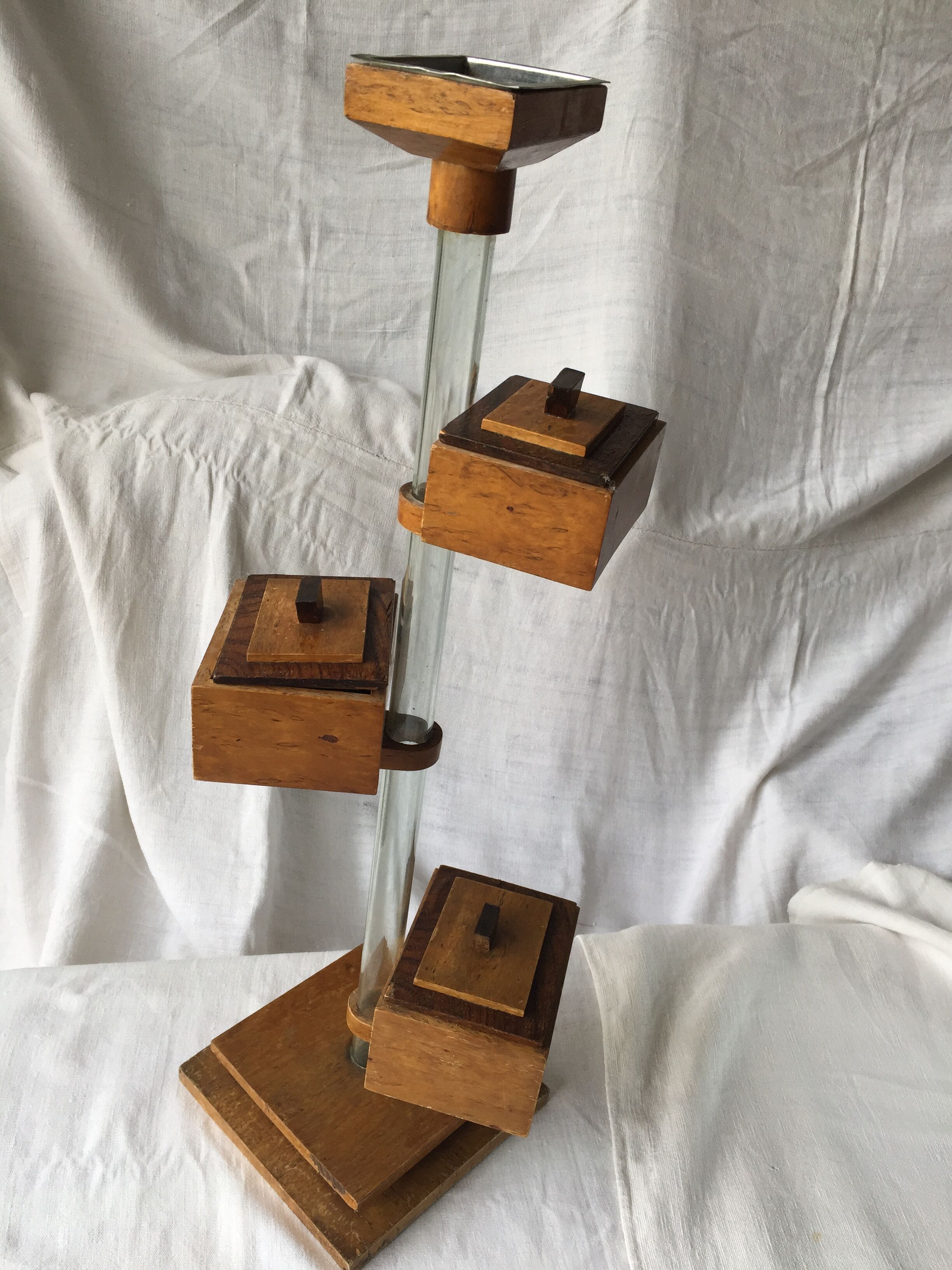 Small 1930s wooden and glass furniture with sliding storage boxes