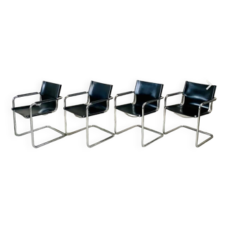 Fauteuil de bureau / Lobby chair cantilever en cuir vintage noir et chrome - Modèle MG5 par Matteo Grassi - 70-80’s