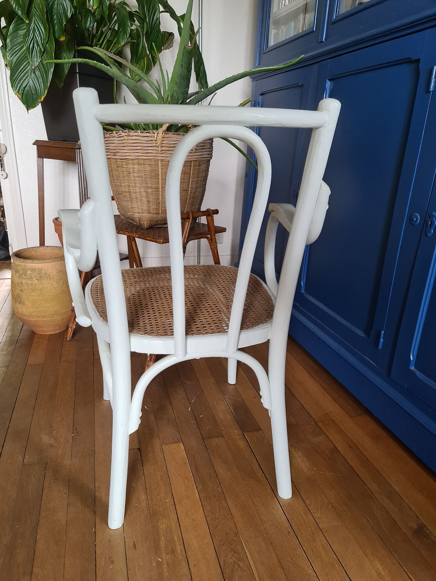 Chair / armchair cannage and wood painted shaby vintage