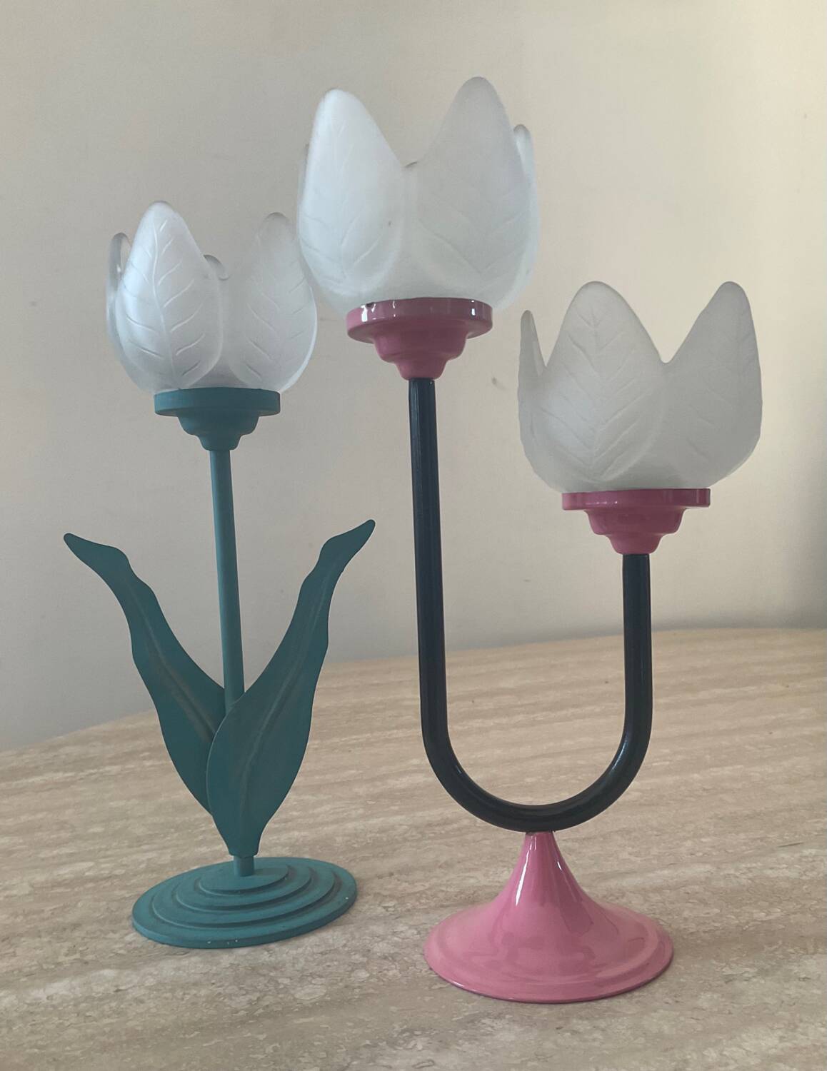 Duo of vintage metal and glass candlesticks