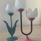 Duo of vintage metal and glass candlesticks