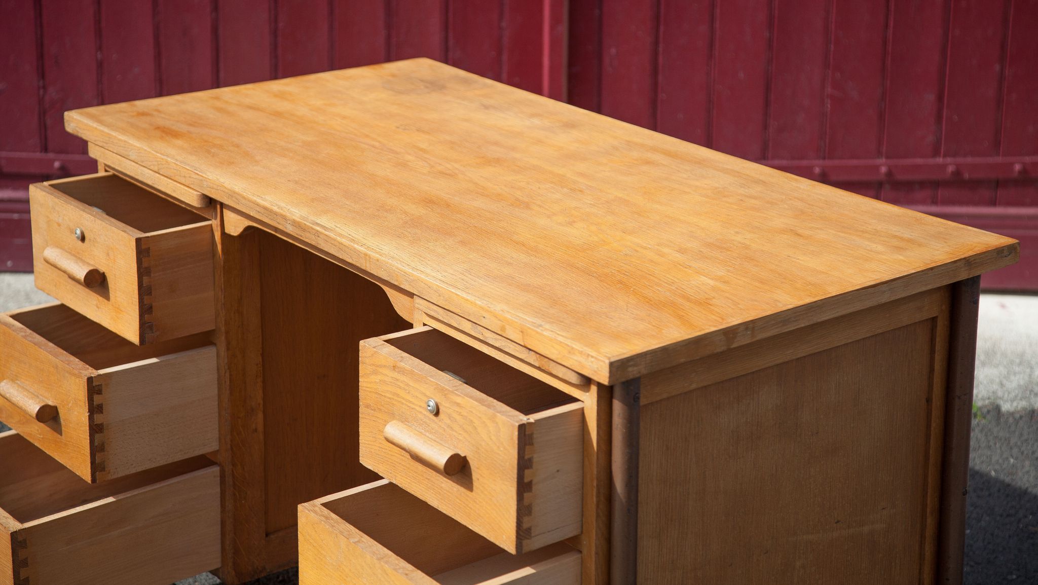 Old desk, wooden desk, school desk, desk with drawers and tablet, 50s