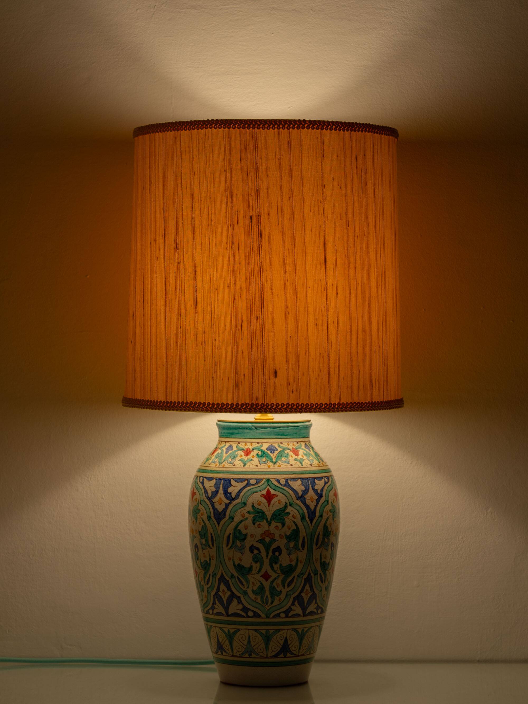 Spanish Moorish ceramic table lamp, new saffron silk shade.
