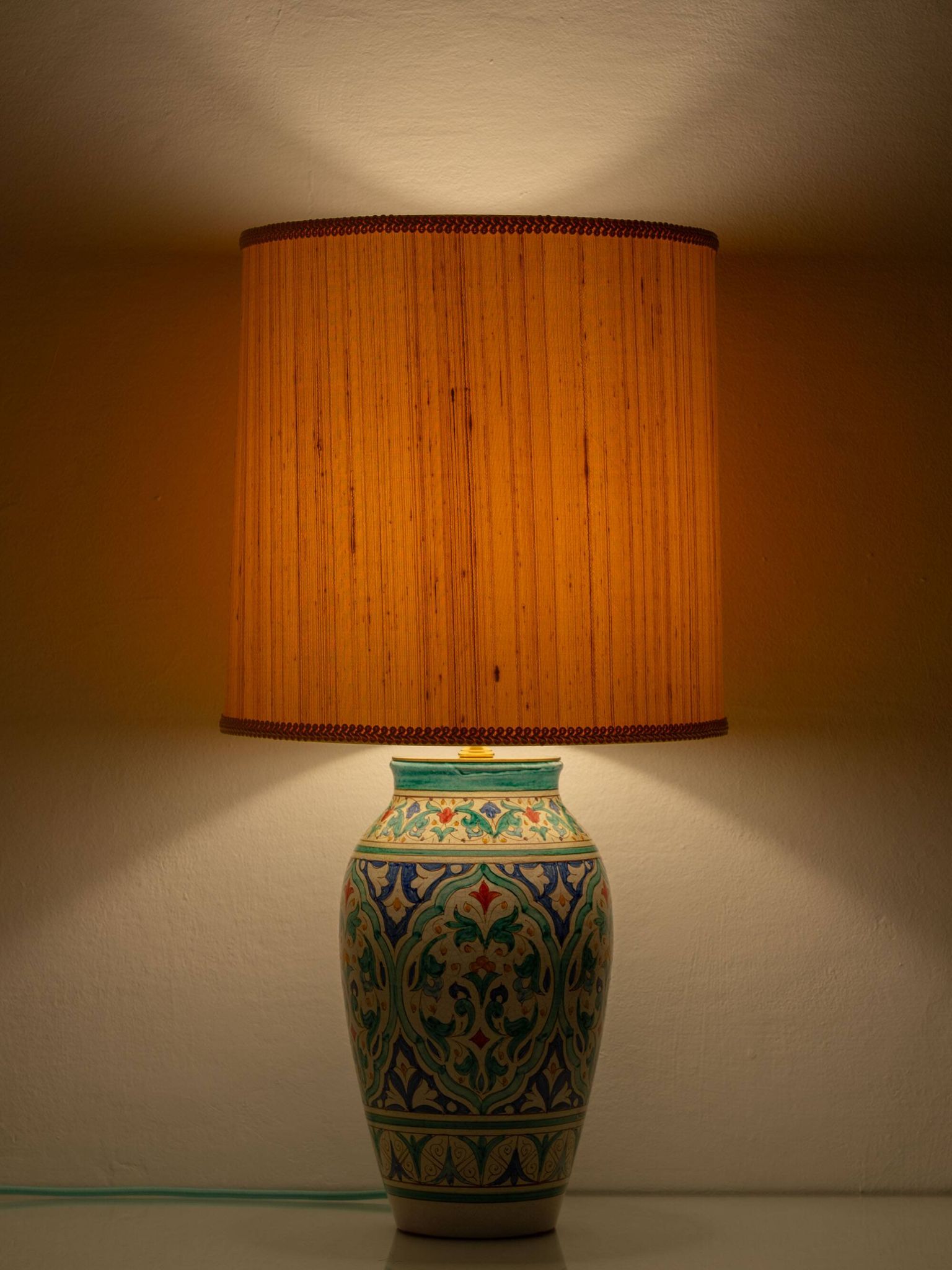 Spanish Moorish ceramic table lamp, new saffron silk shade.