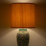 Spanish Moorish ceramic table lamp, new saffron silk shade.