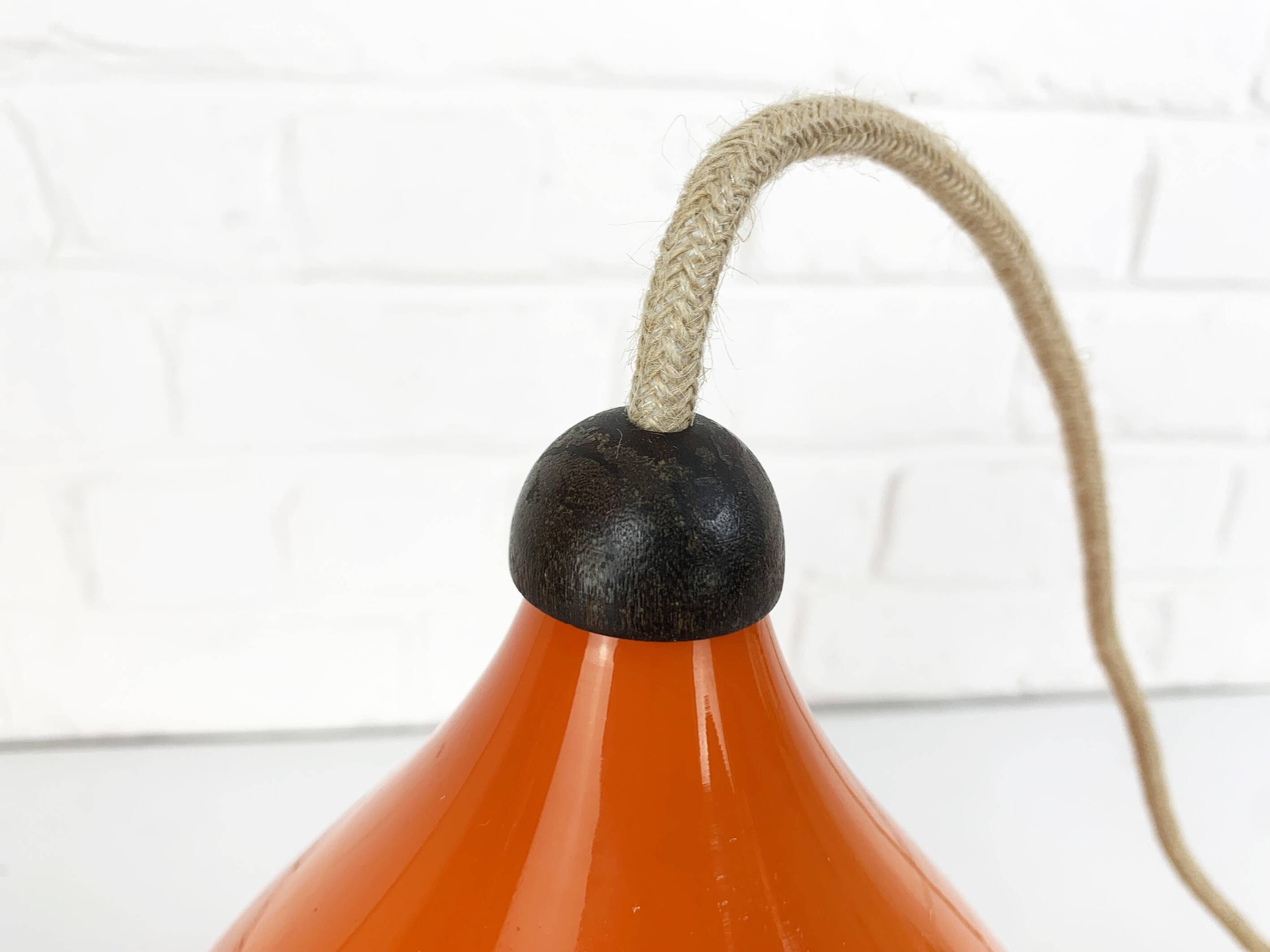 Scandinavian drop pendant light in orange, opaline and teak glass, 1960
