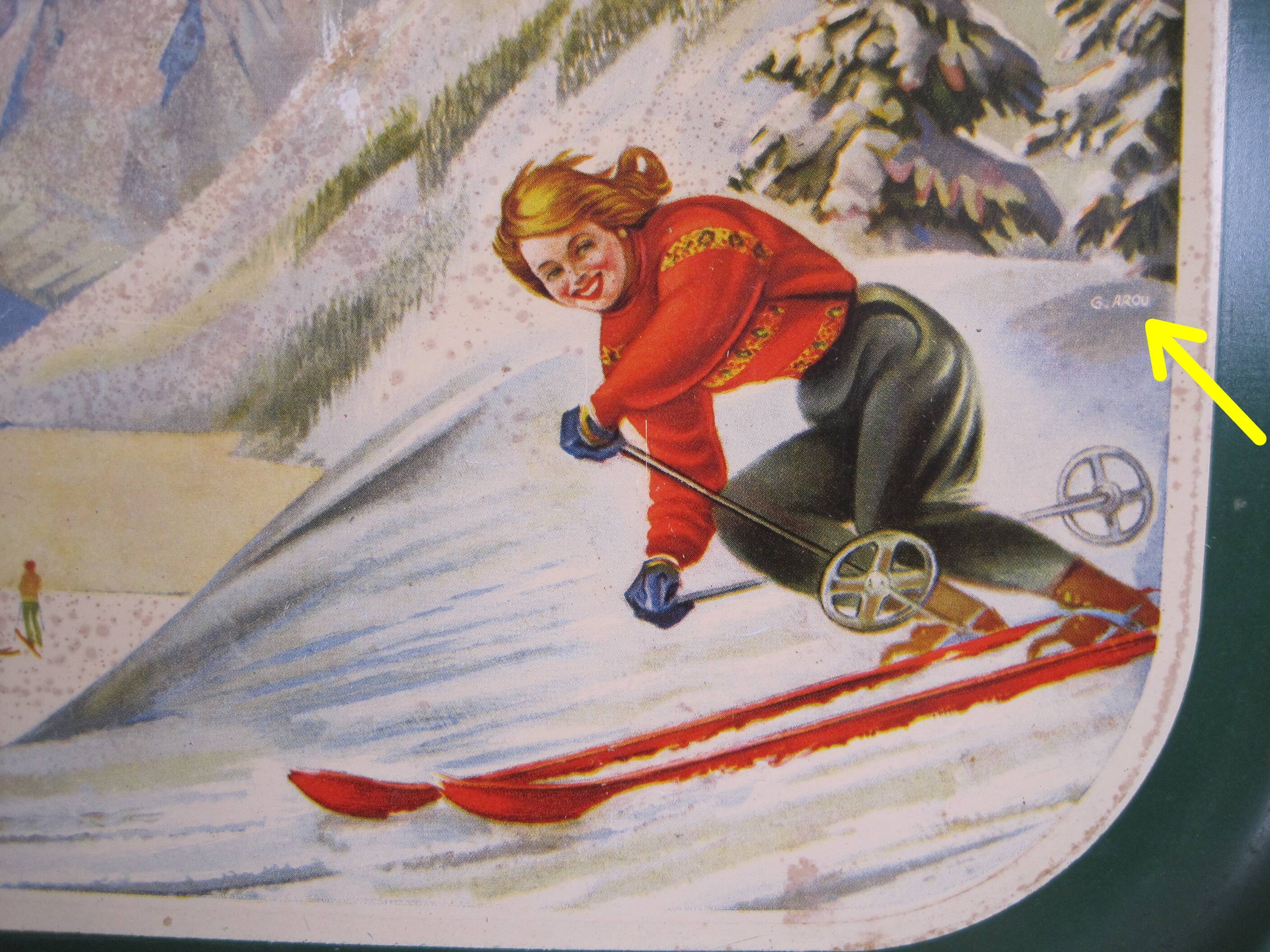 Old vintage service tray in lithographed sheet METAL SKI SNOW WINTER SPORTS