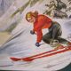 Old vintage service tray in lithographed sheet METAL SKI SNOW WINTER SPORTS