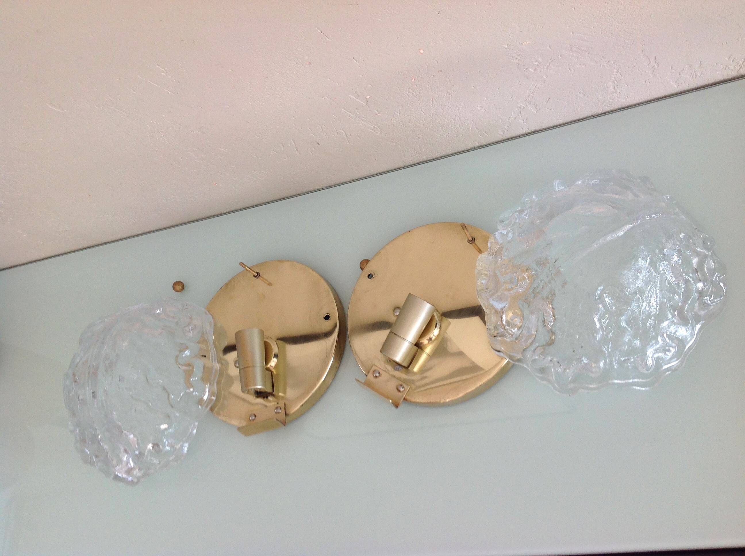 Pair of ice glass and brass wall lights by Limburg / vintage 60s-70s