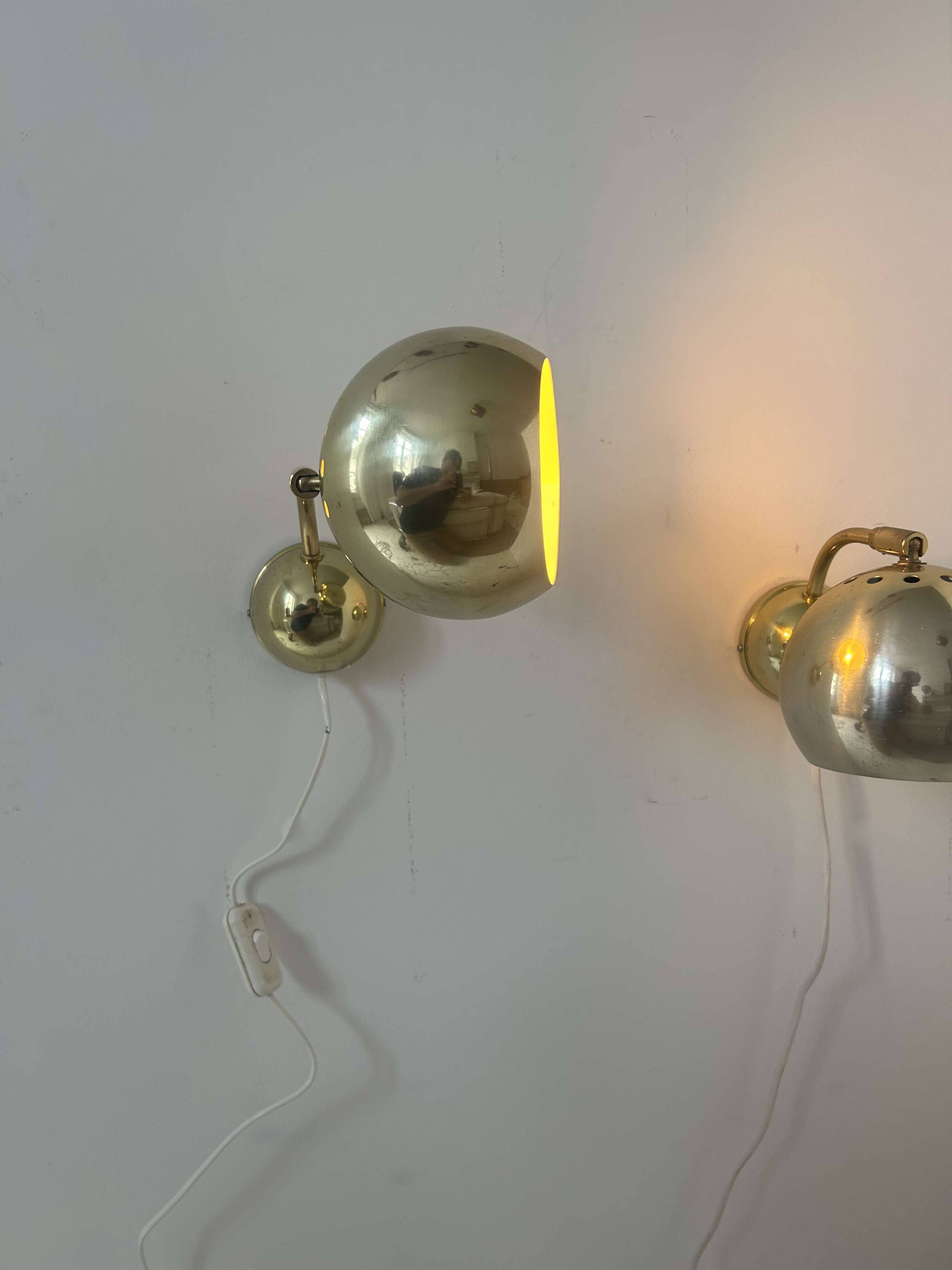 Pair of vintage adjustable wall lights, brass, Sweden 1970