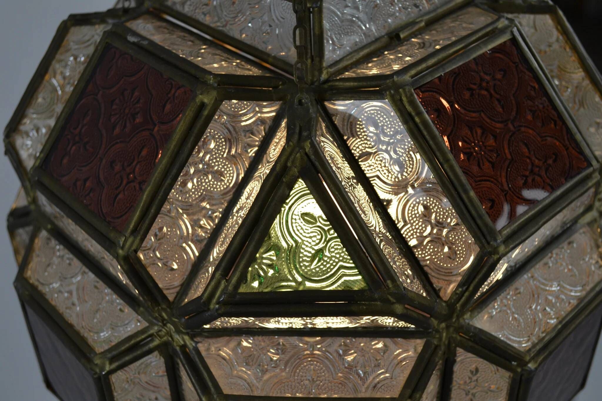 Multicolored Pressed Glass and Brass Pendant Lantern, Scandinavia, circa 1940s–1950s
