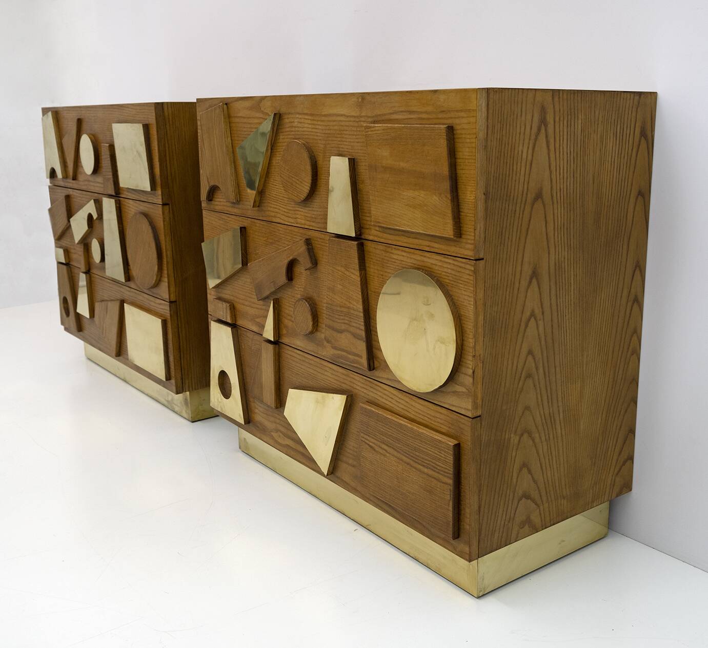 Brutalist Italian Ash Tree and Brass Chests of Drawers, Two