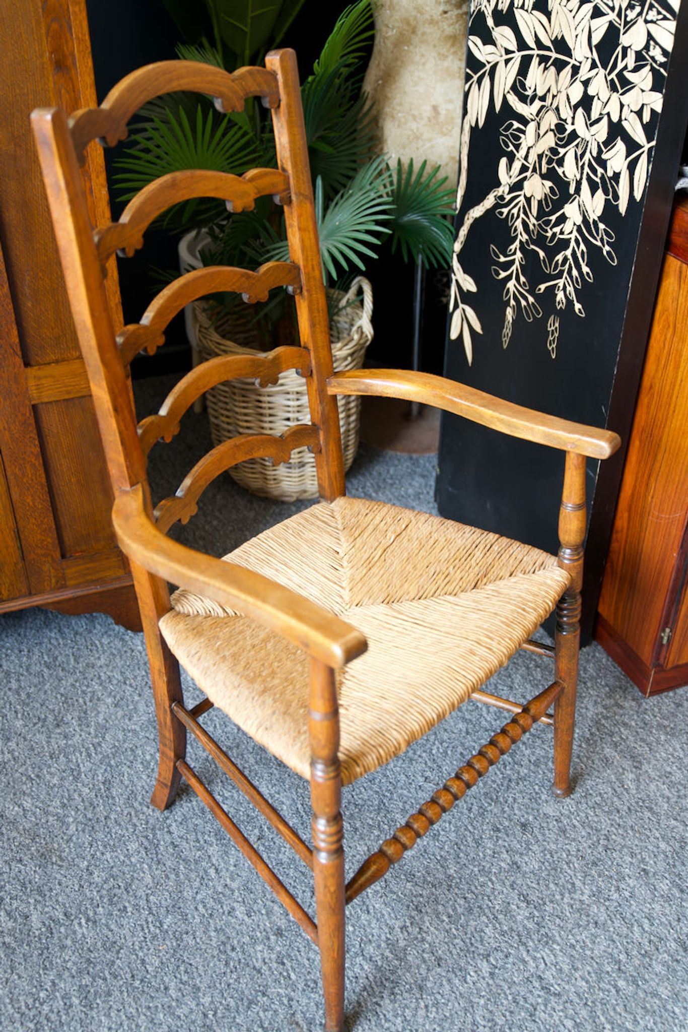Arts & crafts solid oak ladder back occasional chair with rush seat