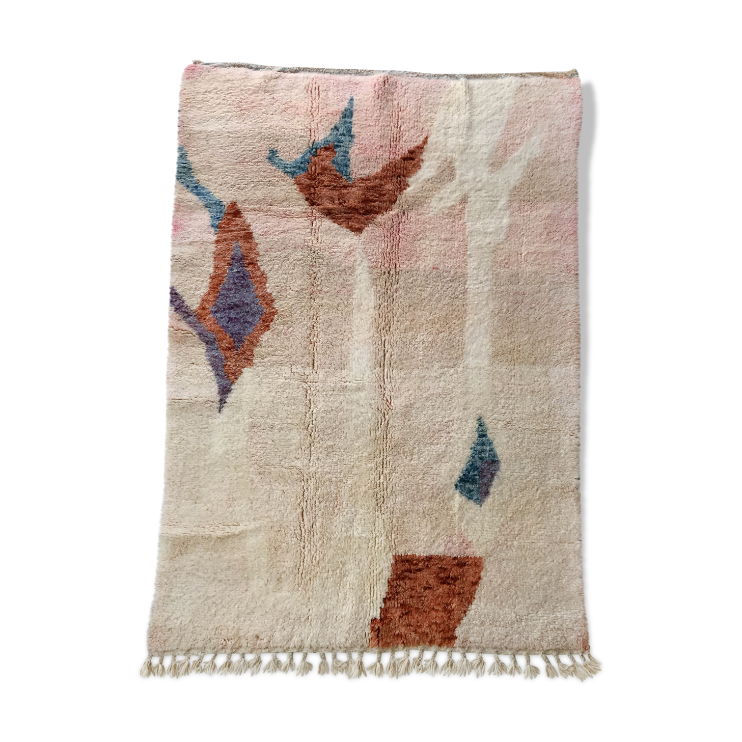 Moroccan Berber carpet Boujaad ecru and pink with colorful patterns 250x160cm