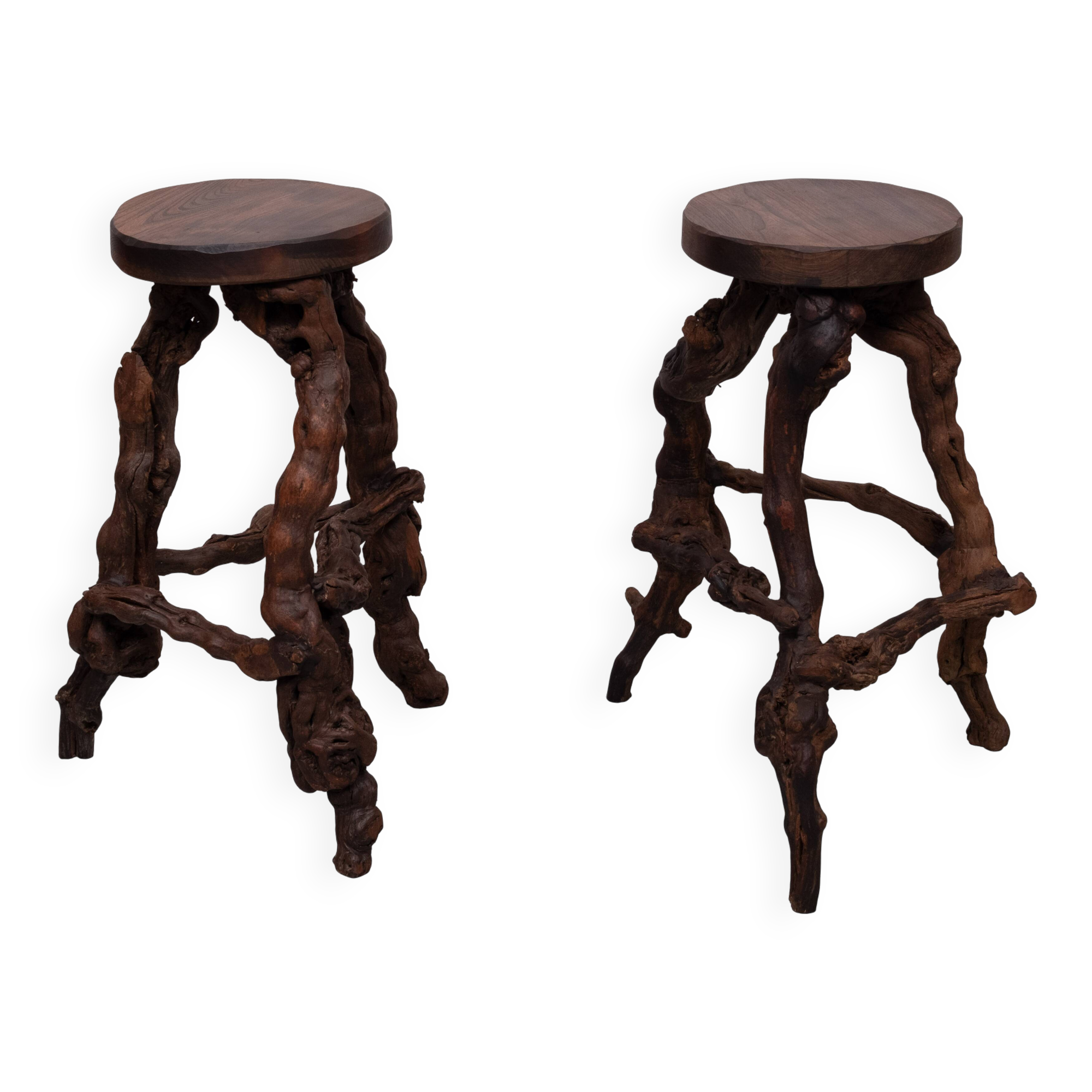 French, Set Of 2 Twisted Grape-vine Roots Bar Stools 1960s
