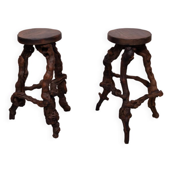 2 tabourets de bar en racines de vigne torsadées, années 1960 — Beyit
