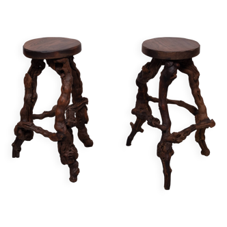 French, Set Of 2 Twisted Grape-vine Roots Bar Stools 1960s
