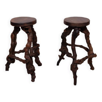 2 tabourets de bar en racines de vigne torsadées, années 1960