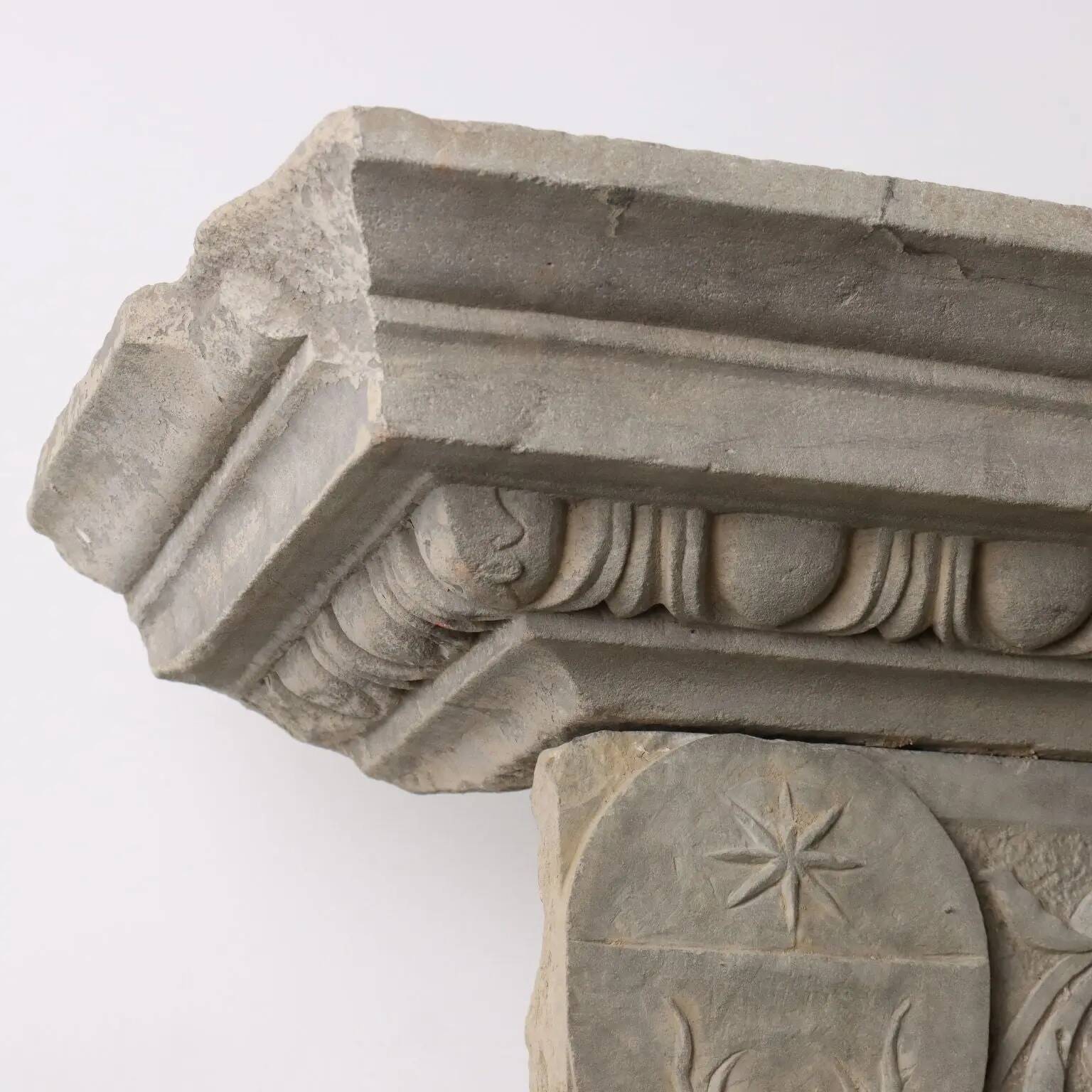 Ancient Renaissance fireplace lintel in pietra serena stone, 15th century.