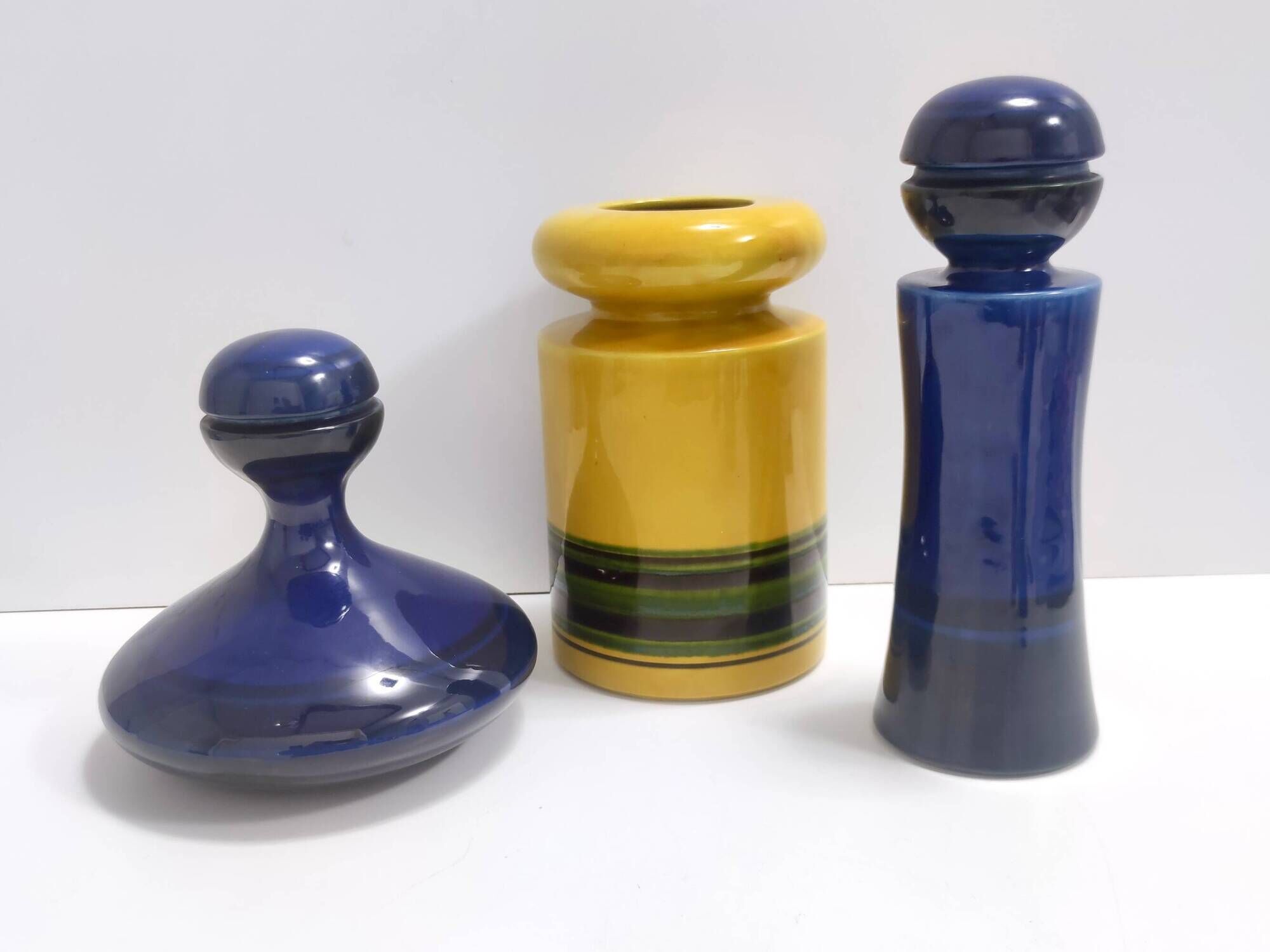 Set of Three Postmodern Blue and Yellow Glazed Vase and Bottles by Parravic